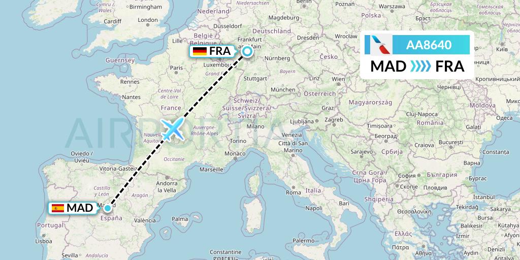 AA8640 American Airlines Flight Map: Madrid to Frankfurt
