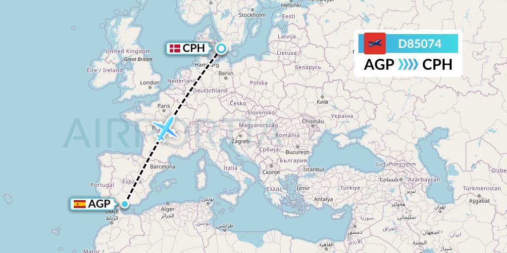D85074 Norwegian Air International Flight Map: Malaga to Copenhagen