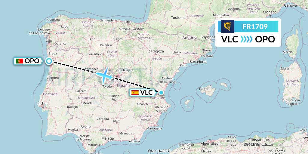 FR1709 Ryanair Flight Map: Valencia to Porto