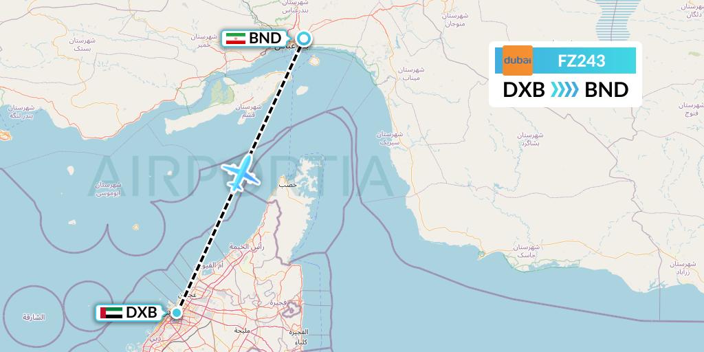 FZ243 FlyDubai Flight Map: Dubai to Bandar Abbas