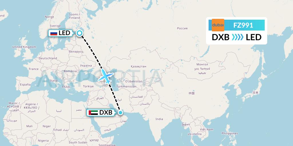 FZ991 FlyDubai Flight Map: Dubai to St. Petersburg