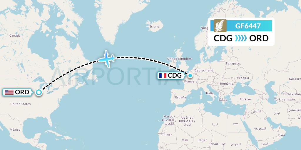 GF6447 Gulf Air Flight Map: Paris to Chicago