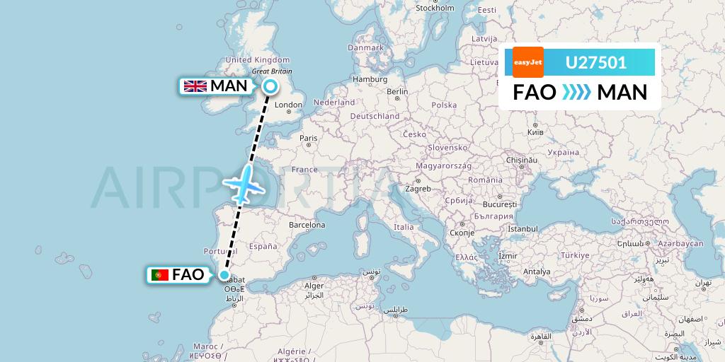 U27501 EasyJet Flight Map: Faro to Manchester