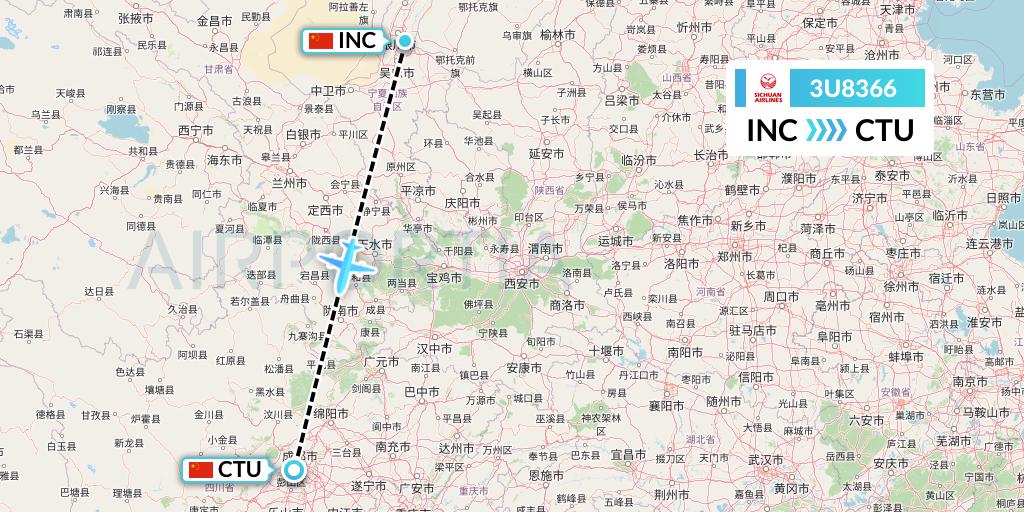 3U8366 Sichuan Airlines Flight Map: Yinchuan to Chengdu