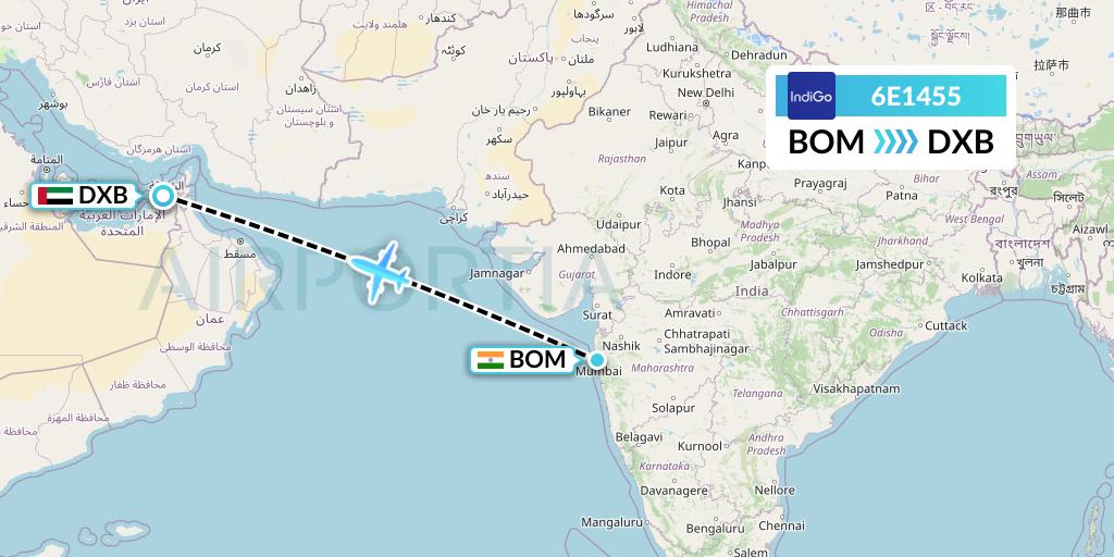 6E1455 IndiGo Airlines Flight Map: Mumbai to Dubai