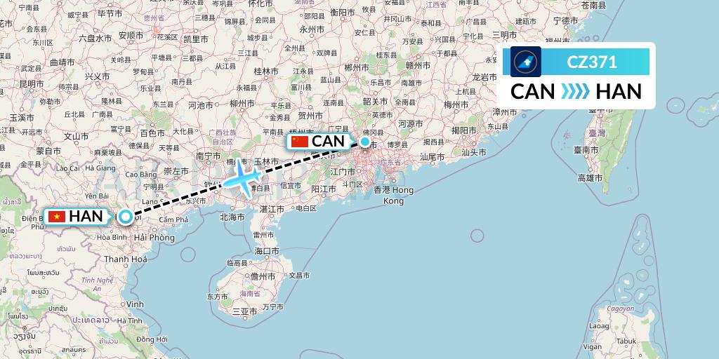 CZ371 China Southern Airlines Flight Map: Guangzhou to Hanoi