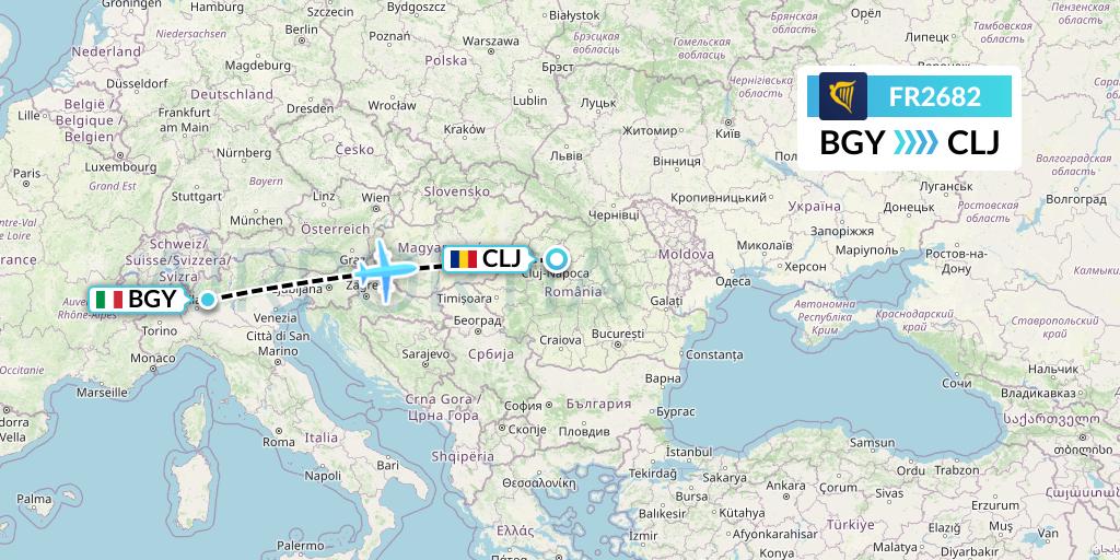 FR2682 Ryanair Flight Map: Milan to Cluj-Napoca