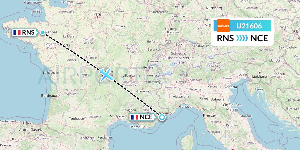 U21606 EasyJet Flight Map: Rennes to Nice