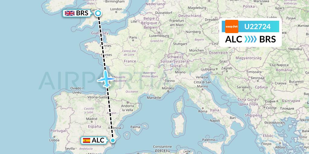 U22724 EasyJet Flight Map: Alicante to Bristol