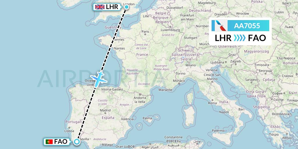 AA7055 American Airlines Flight Map: London to Faro