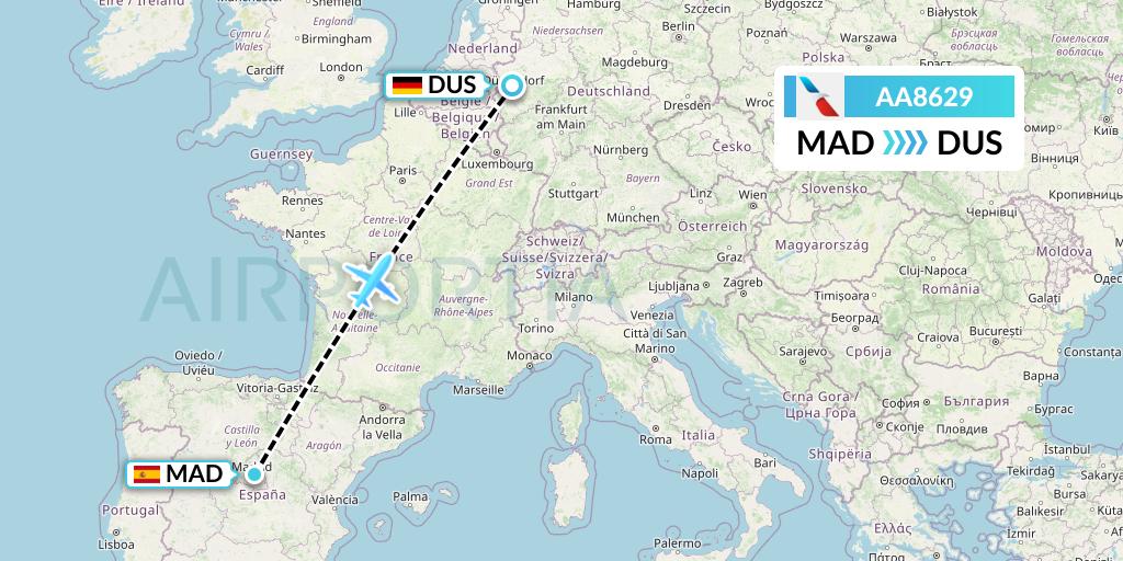 AA8629 American Airlines Flight Map: Madrid to Dusseldorf