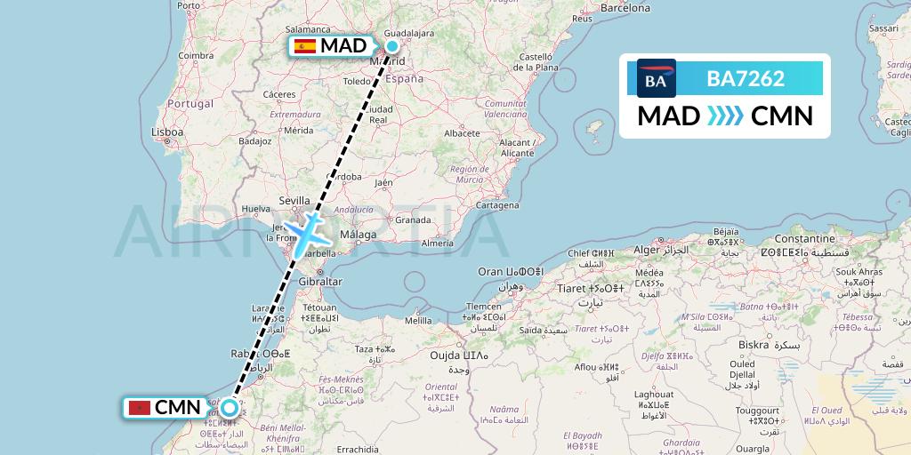 BA7262 British Airways Flight Map: Madrid to Casablanca