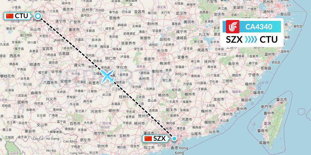 CA4340 Air China Flight Map: Shenzhen to Chengdu