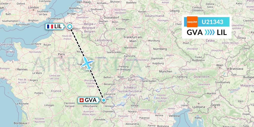 U21343 EasyJet Flight Map: Geneva to Lille