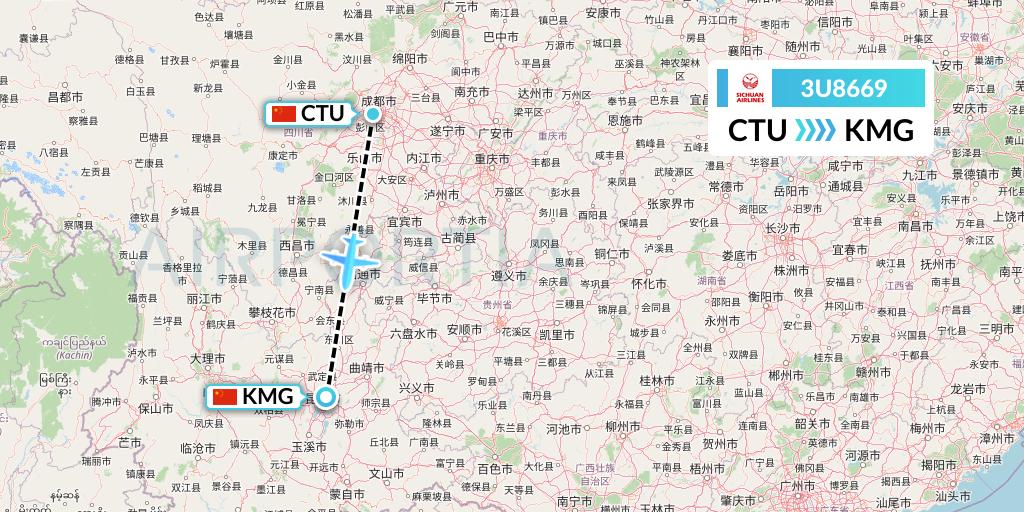 3U8669 Sichuan Airlines Flight Map: Chengdu to Kunming