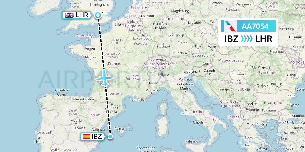 AA7054 American Airlines Flight Map: Ibiza to London