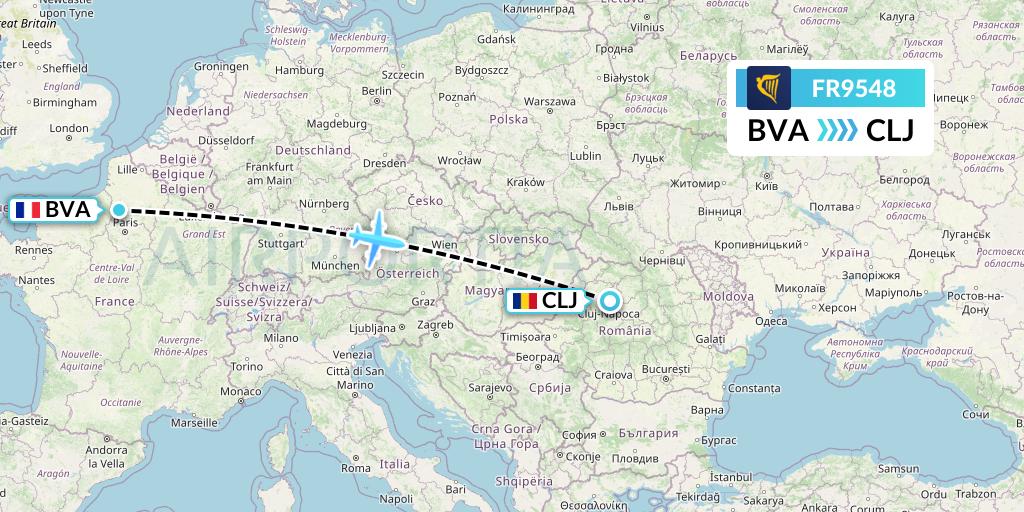 FR9548 Ryanair Flight Map: Paris to Cluj-Napoca
