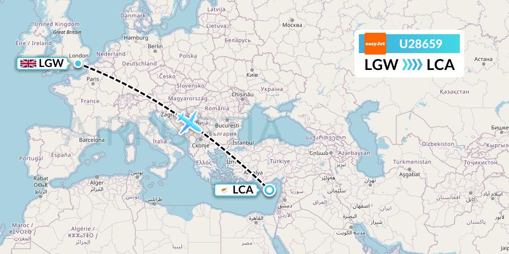 U28659 EasyJet Flight Map: London to Larnaca
