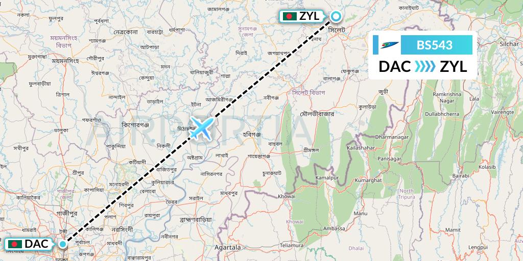 BS543 US-Bangla Airlines Flight Map: Dhaka to Sylhet