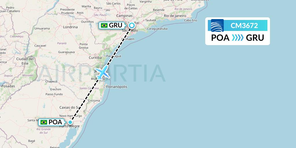 CM3672 Copa Airlines Flight Map: Porto Alegre to Sao Paulo