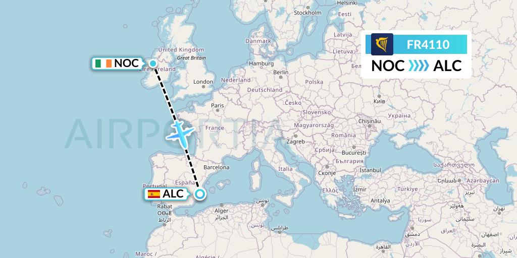 FR4110 Ryanair Flight Map: Knock to Alicante