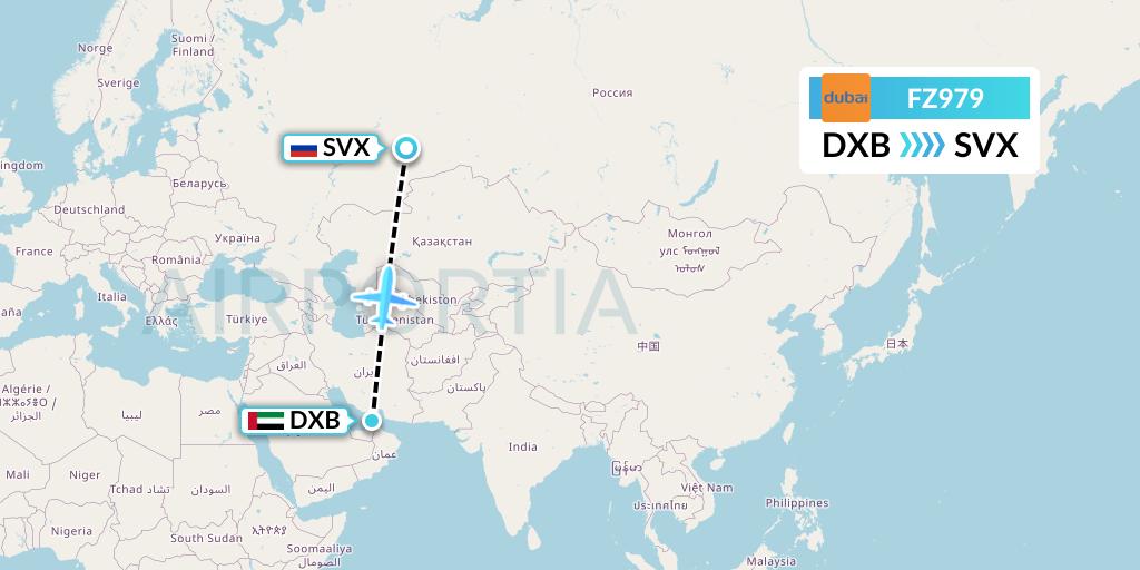 FZ979 FlyDubai Flight Map: Dubai to Yekaterinburg