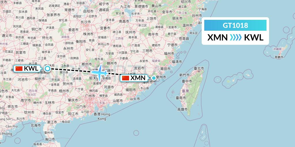 GT1018 Air Guilin Flight Map: Xiamen to Guilin