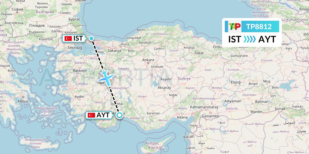 TP8812 TAP Portugal Flight Map: Istanbul to Antalya