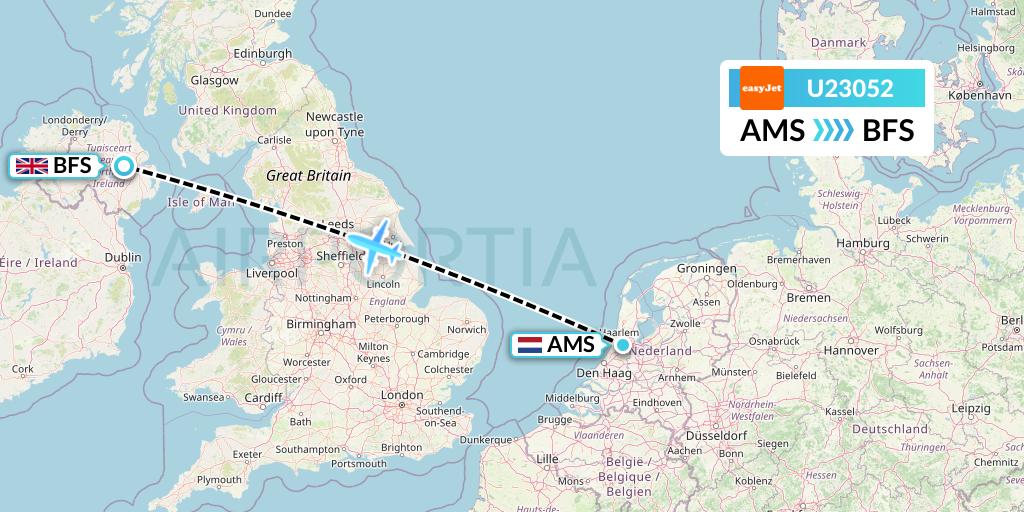U23052 EasyJet Flight Map: Amsterdam to Belfast