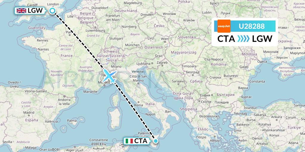 U28288 EasyJet Flight Map: Catania to London