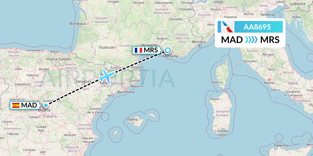 AA8695 American Airlines Flight Map: Madrid to Marseille