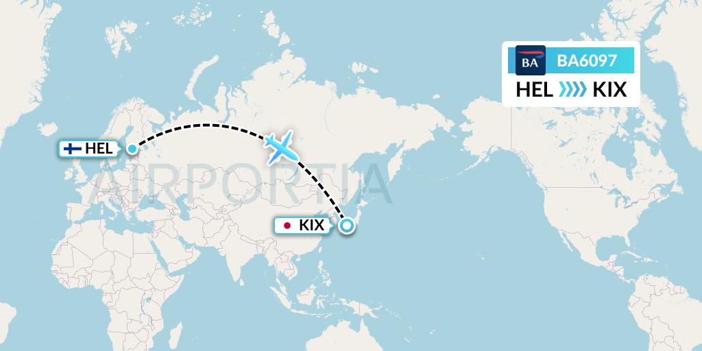 BA6097 British Airways Flight Map: Helsinki to Osaka