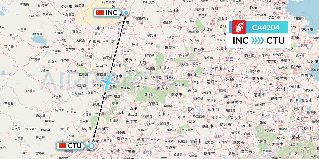 CA4204 Air China Flight Map: Yinchuan to Chengdu