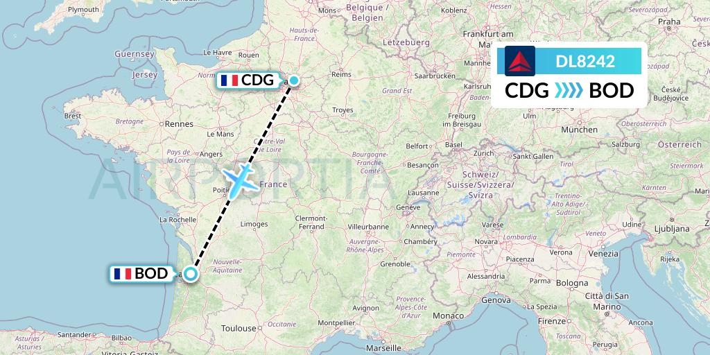 DL8242 Delta Air Lines Flight Map: Paris to Bordeaux