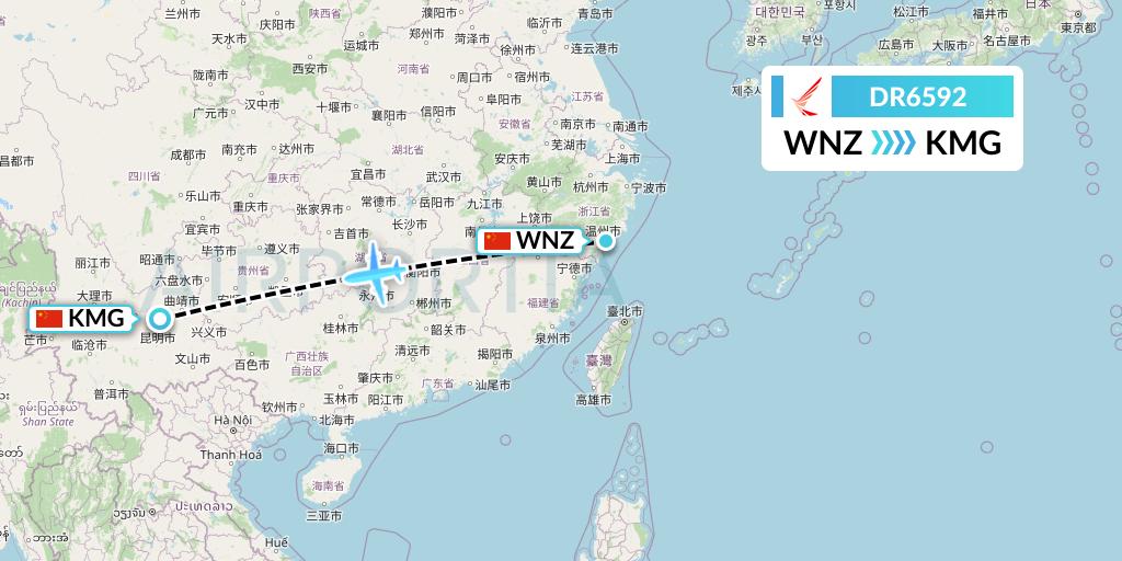 DR6592 Ruili Airlines Flight Map: Wenzhou to Kunming