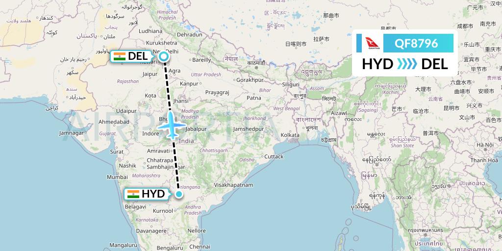QF8796 Qantas Flight Map: Hyderabad to Delhi