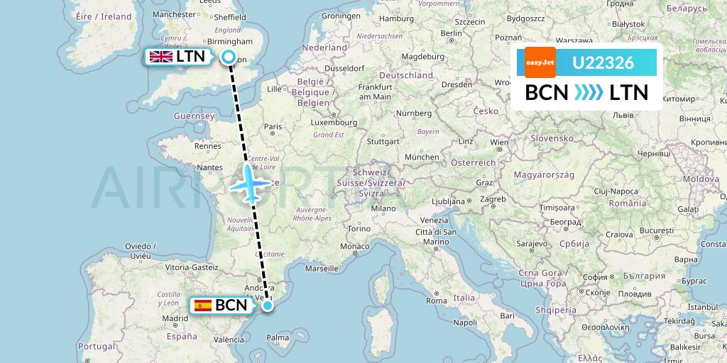 U22326 EasyJet Flight Map: Barcelona to London