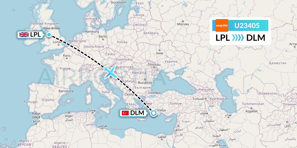U23405 EasyJet Flight Map: Liverpool to Dalaman