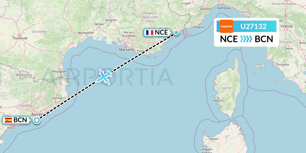 U27132 EasyJet Flight Map: Nice to Barcelona