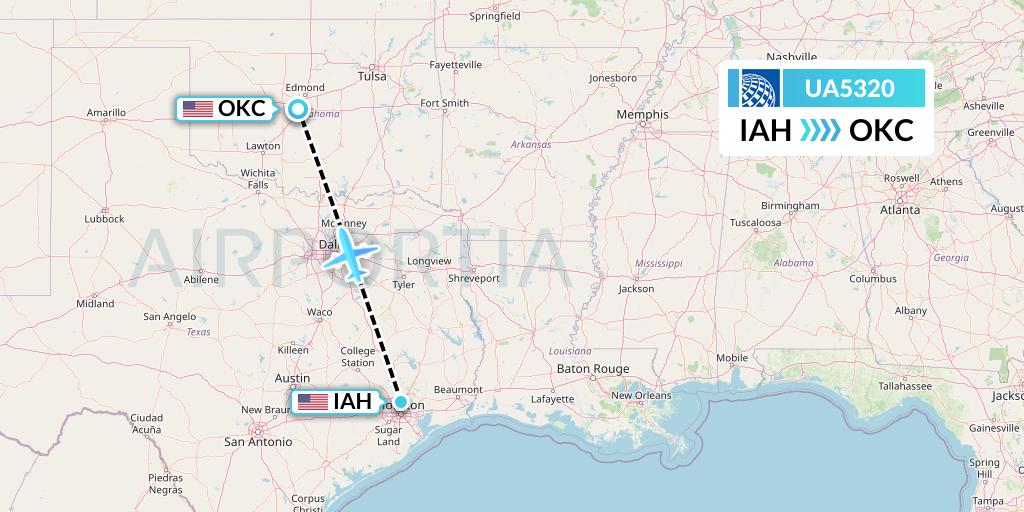 UA5320 United Airlines Flight Map: Houston to Oklahoma City