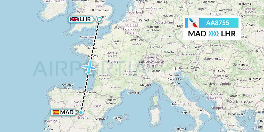 AA8755 American Airlines Flight Map: Madrid to London