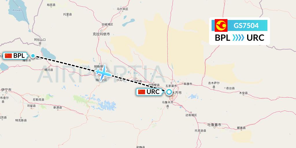GS7504 Tianjin Airlines Flight Map: Bole to Urumqi