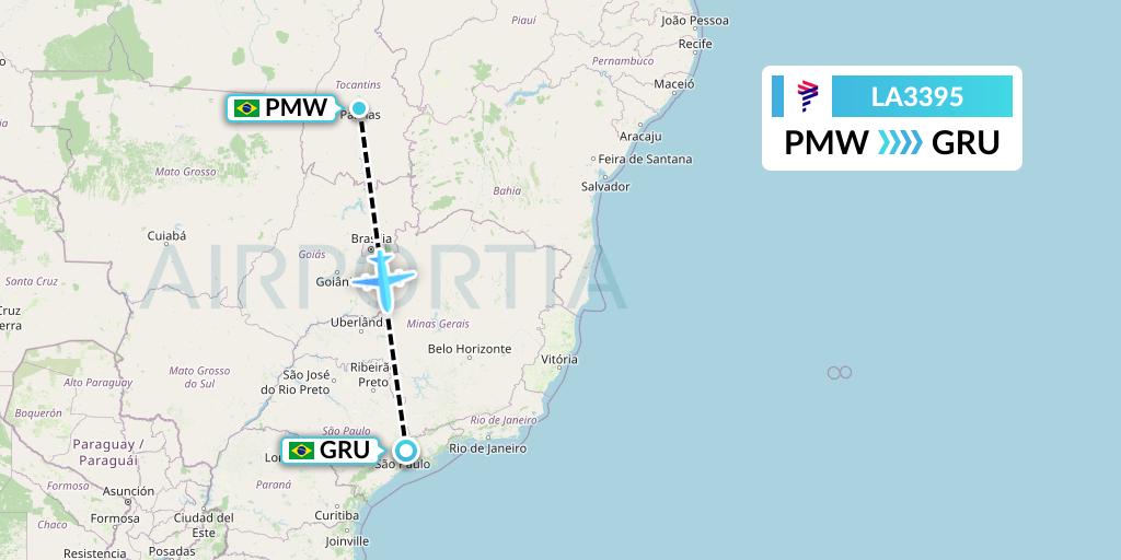 LA3395 LAN Airlines Flight Map: Palmas to Sao Paulo