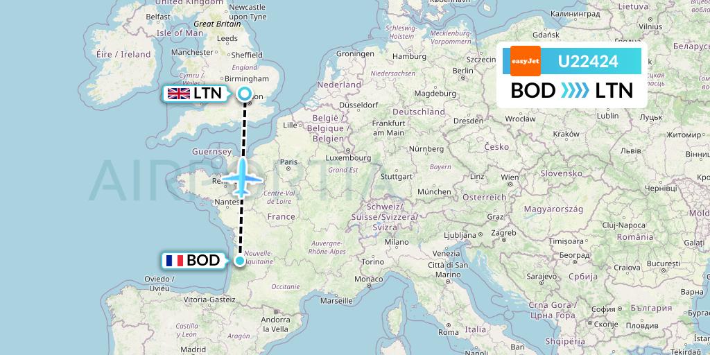 U22424 EasyJet Flight Map: Bordeaux to London