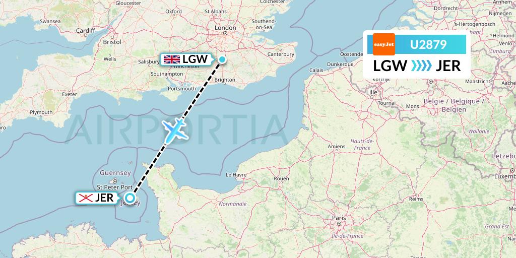 U2879 EasyJet Flight Map: London to Jersey