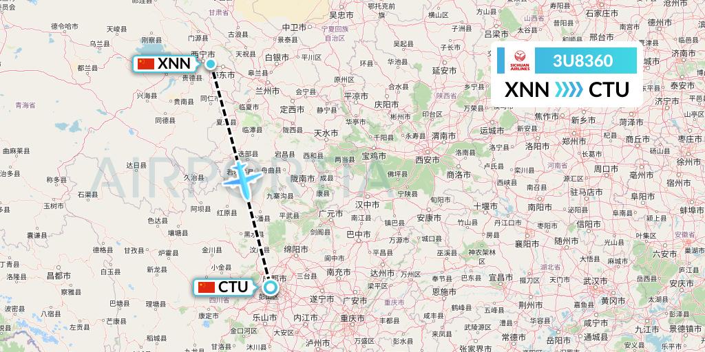 3U8360 Sichuan Airlines Flight Map: Xining to Chengdu