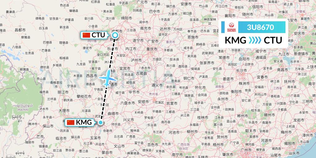 3U8670 Sichuan Airlines Flight Map: Kunming to Chengdu