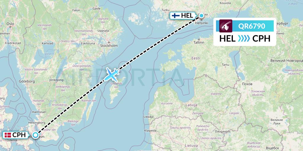 QR6790 Qatar Airways Flight Map: Helsinki to Copenhagen