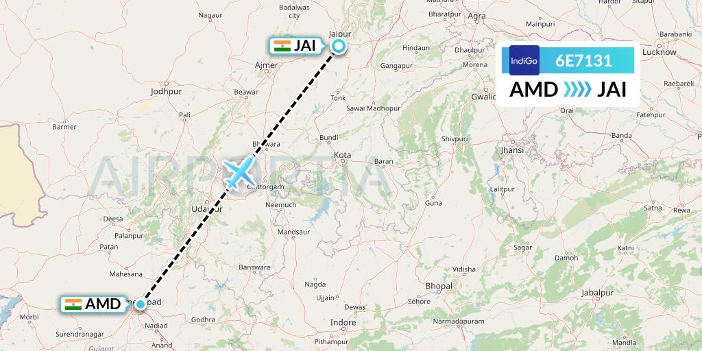 6E7131 IndiGo Airlines Flight Map: Ahmedabad to Jaipur