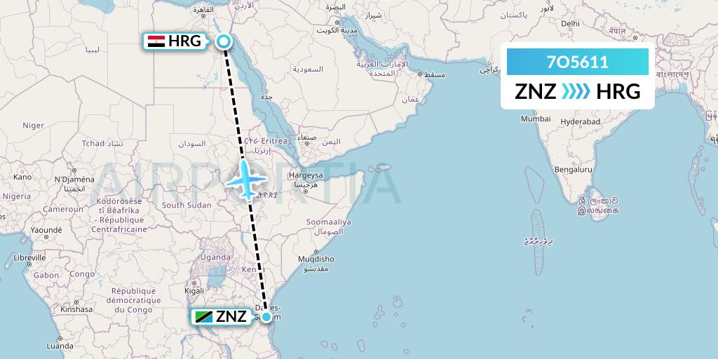 7O5611 Travel Service Hungary Flight Map: Zanzibar to Hurghada